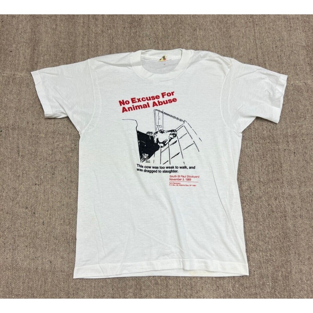 Vintage No Excuse For Animal abuse shirt‎ Mens Medium White 1980s Farm Sanctuary